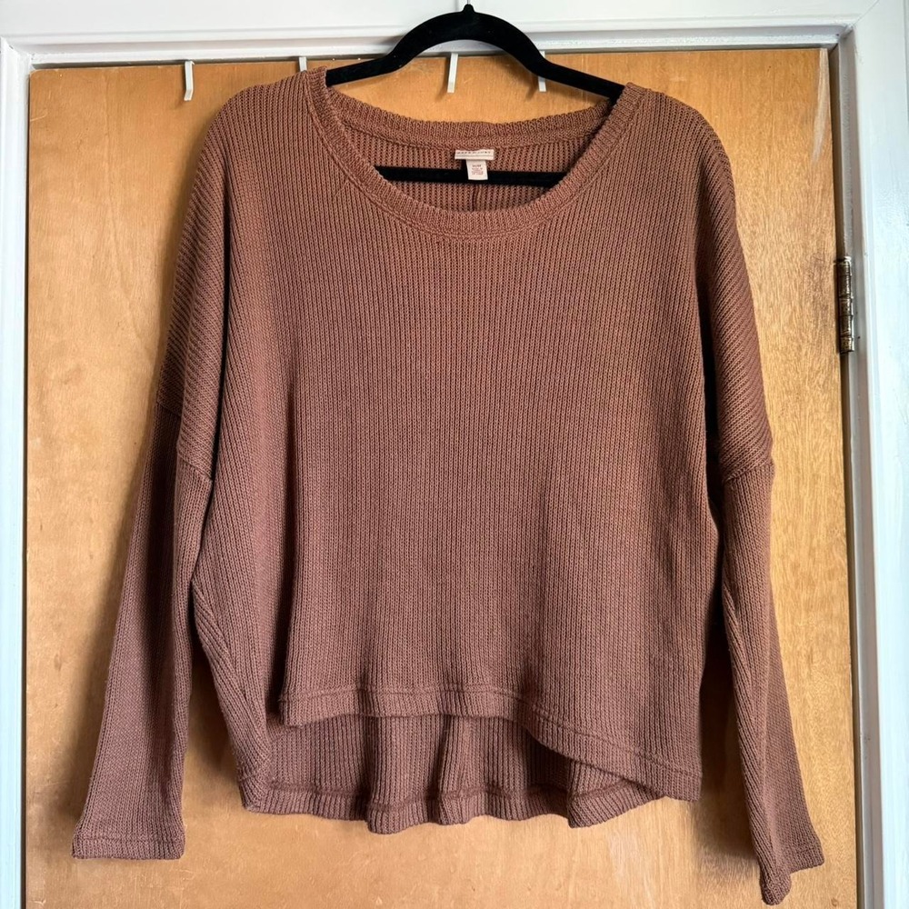Cape Juby Chestnut Brown Knit Oversized Crewneck Sweater Ribbed High Low Hem M